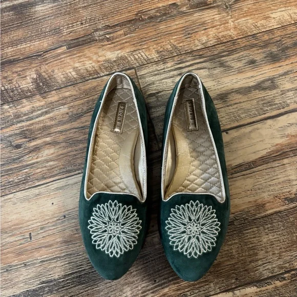 Birdies Emerald Green Floral Embroidered Flats - Picture 2 of 7